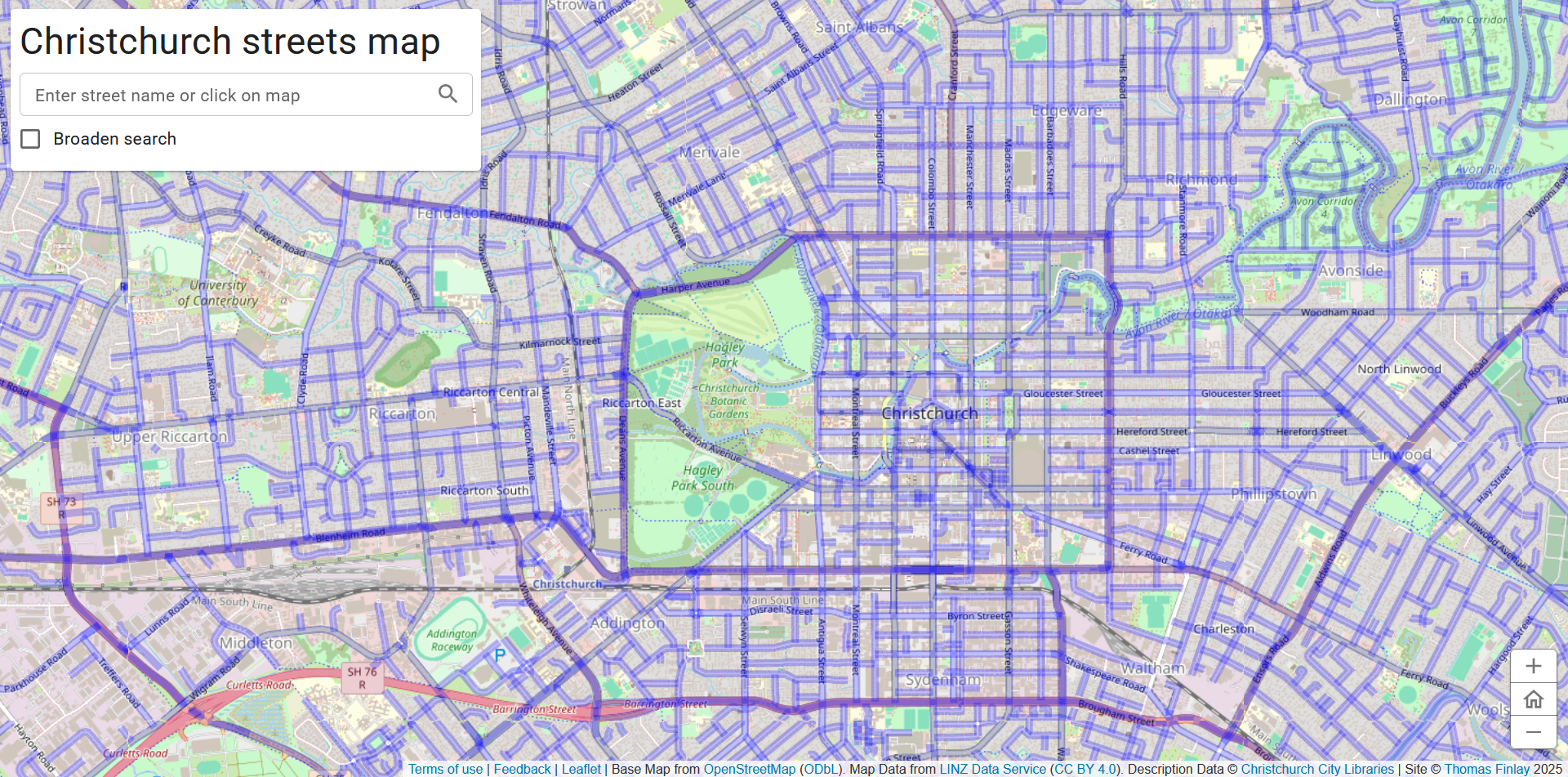 Map of Christchurch with many streets highlighted.